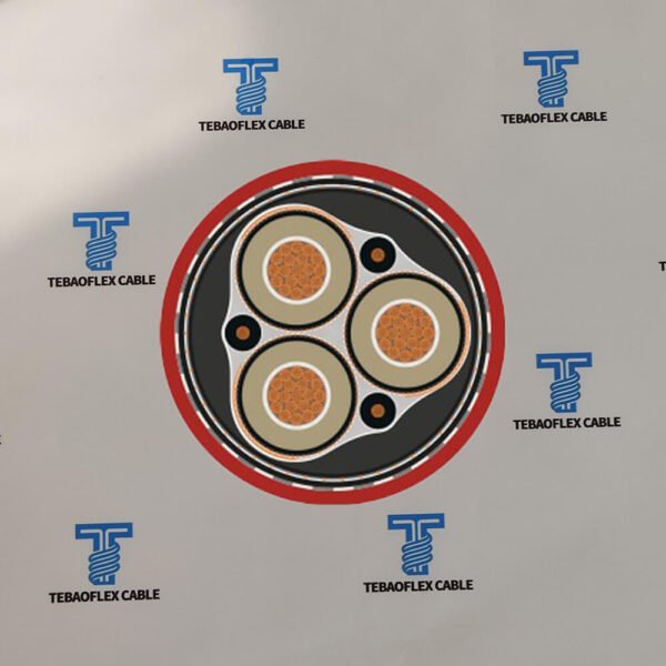 Cross section of (N)3GHSSYCY showing 3 power cores, 3 earth cores, steel wire armouring and PVC outer sheath
