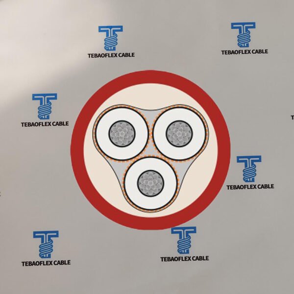 Cross section of Dredging Cable -3E showing 3 power cores, 3 earth conductors and waterproof sheath system
